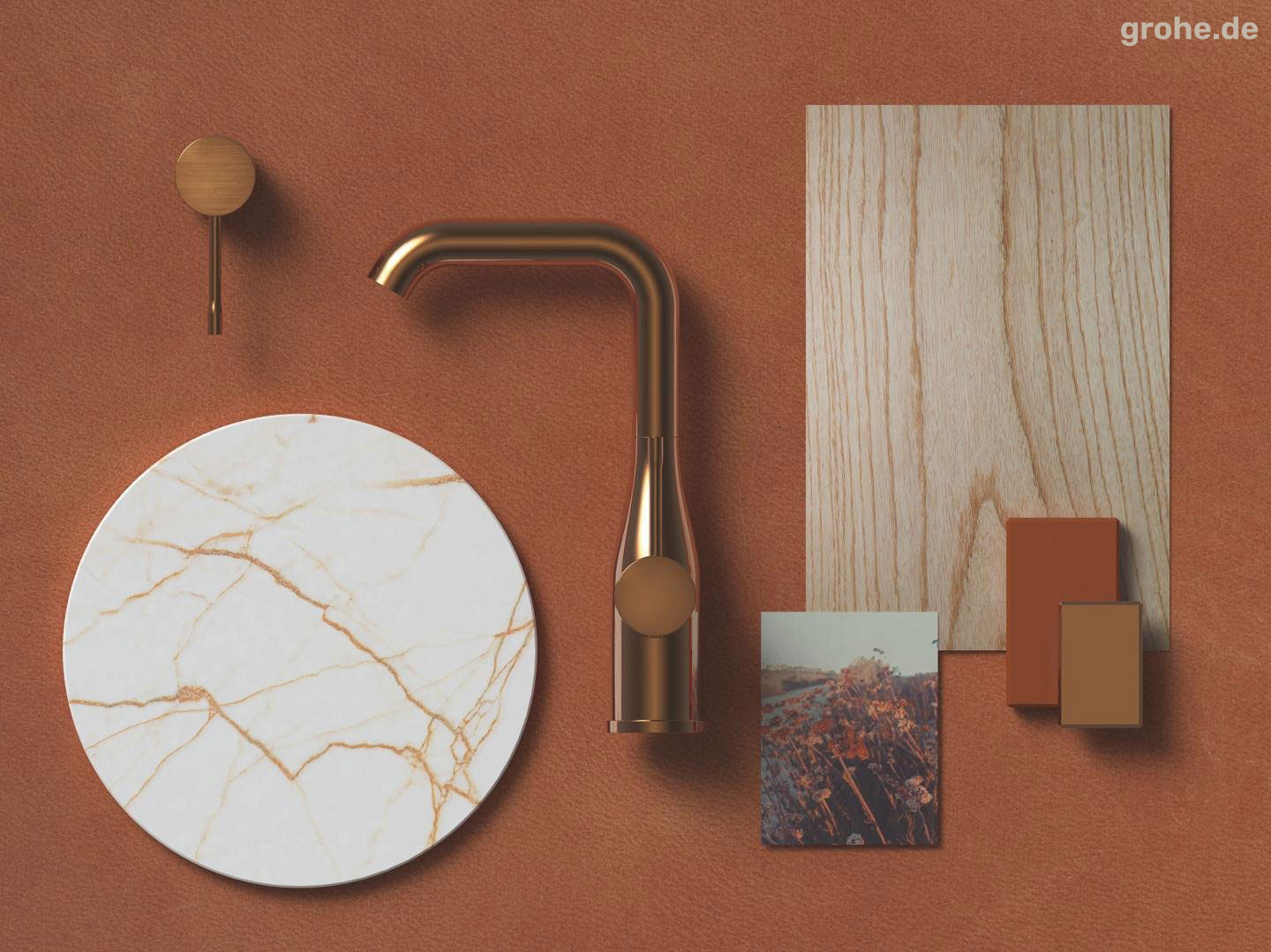 Grohe Elements Moodbard in Rot-Orange-Braun-Tönen, mit Holz und Goldelementen